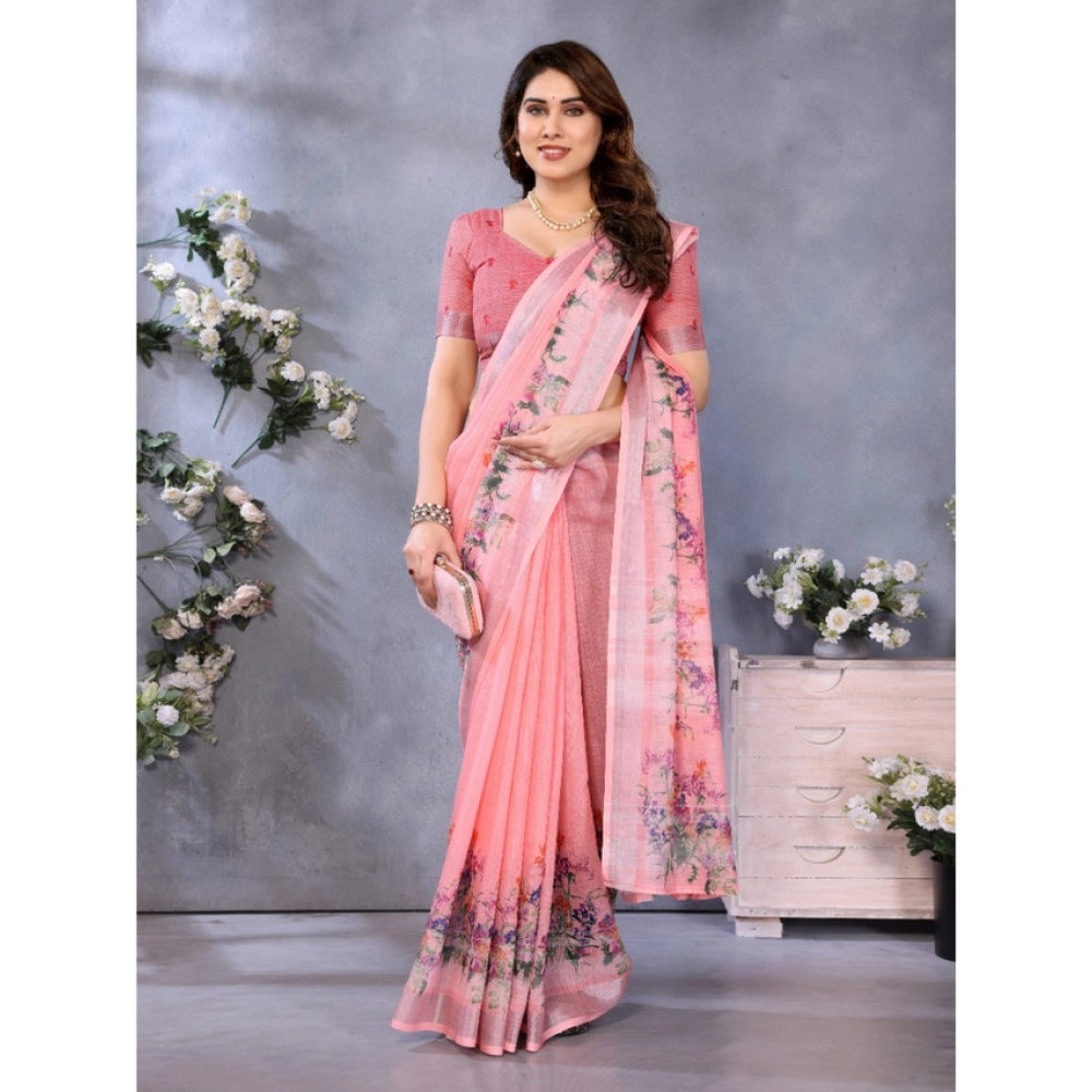 Generic Women's Linen Cotton Printed Saree With Unstitched Blouse 5.5Mtr (Peach) - Image 3