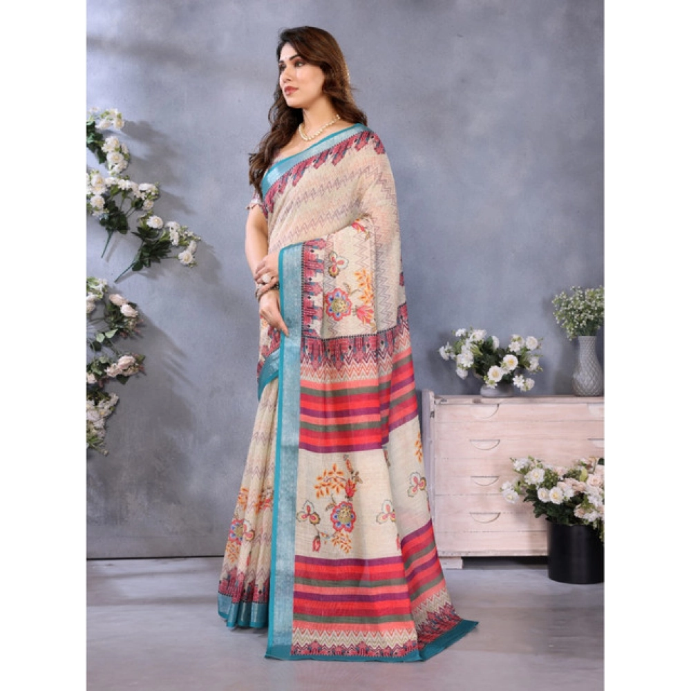 Generic Women's Linen Cotton Printed Saree With Unstitched Blouse 5.5Mtr (Cream) - Image 4