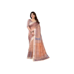 Generic Women's Linen Cotton Printed Saree With Unstitched Blouse 5.5Mtr (Brown)