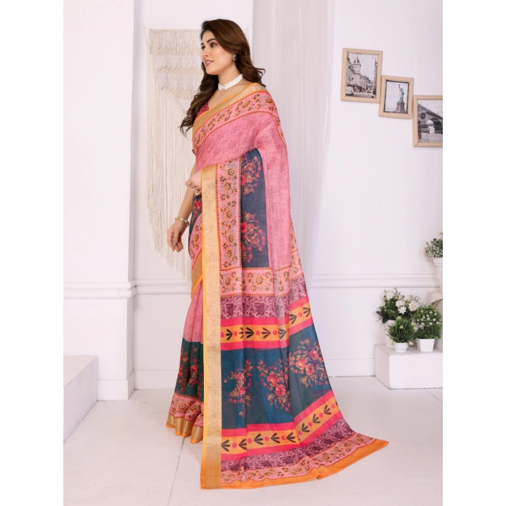 Generic Women's Linen Cotton Printed Saree With Unstitched Blouse 5.5Mtr (Pink) - Image 4