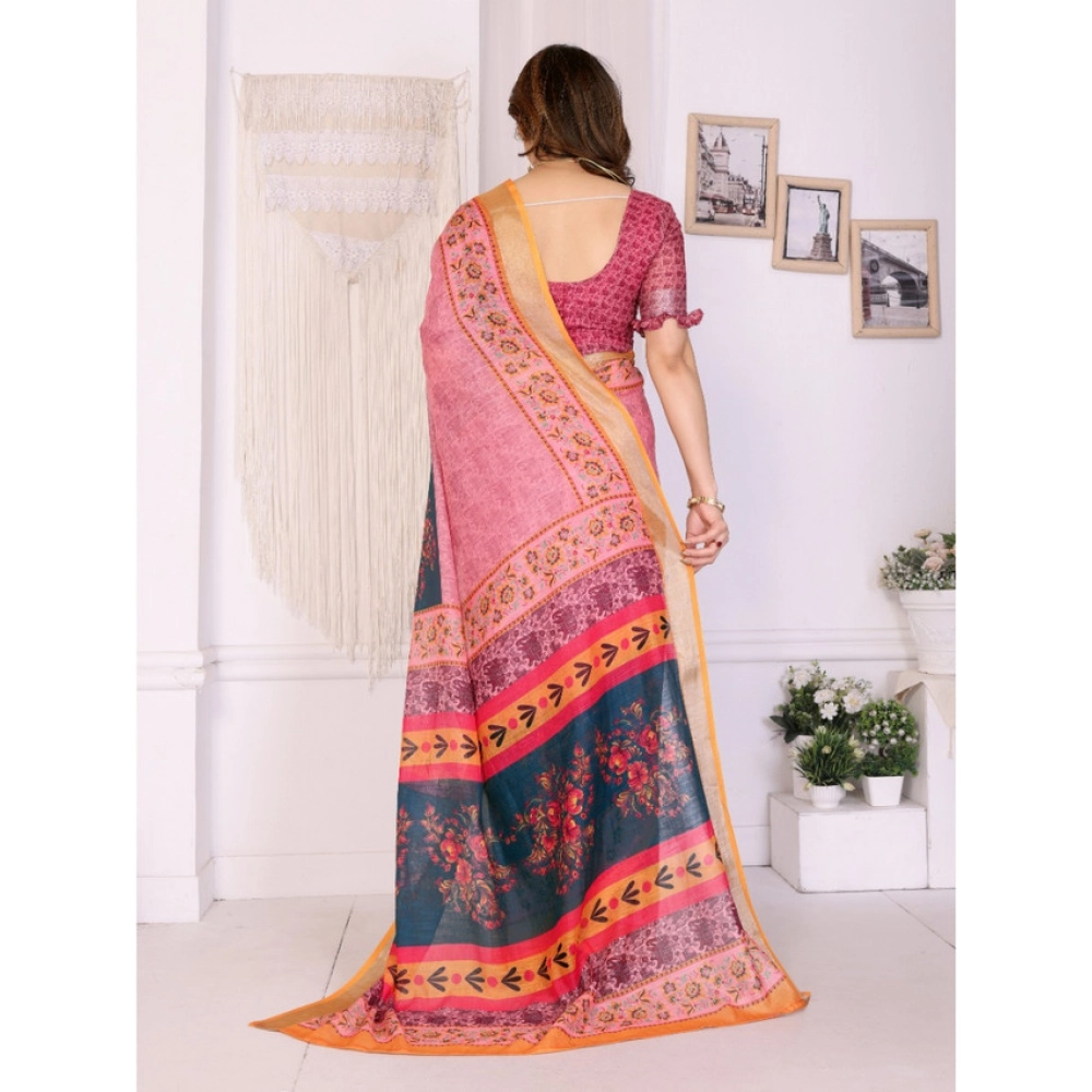 Generic Women's Linen Cotton Printed Saree With Unstitched Blouse 5.5Mtr (Pink) - Image 2