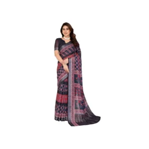 Generic Women's Linen Cotton Printed Saree With Unstitched Blouse 5.5Mtr (Black)