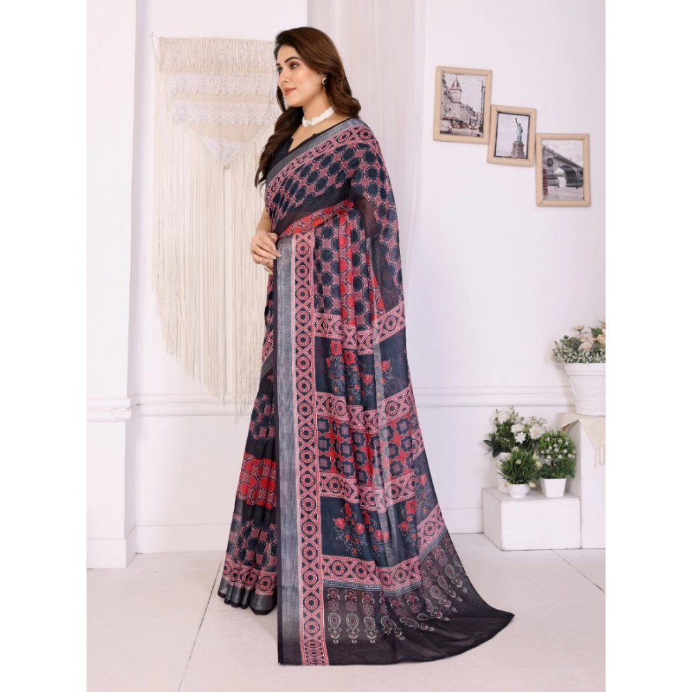 Generic Women's Linen Cotton Printed Saree With Unstitched Blouse 5.5Mtr (Black) - Image 2