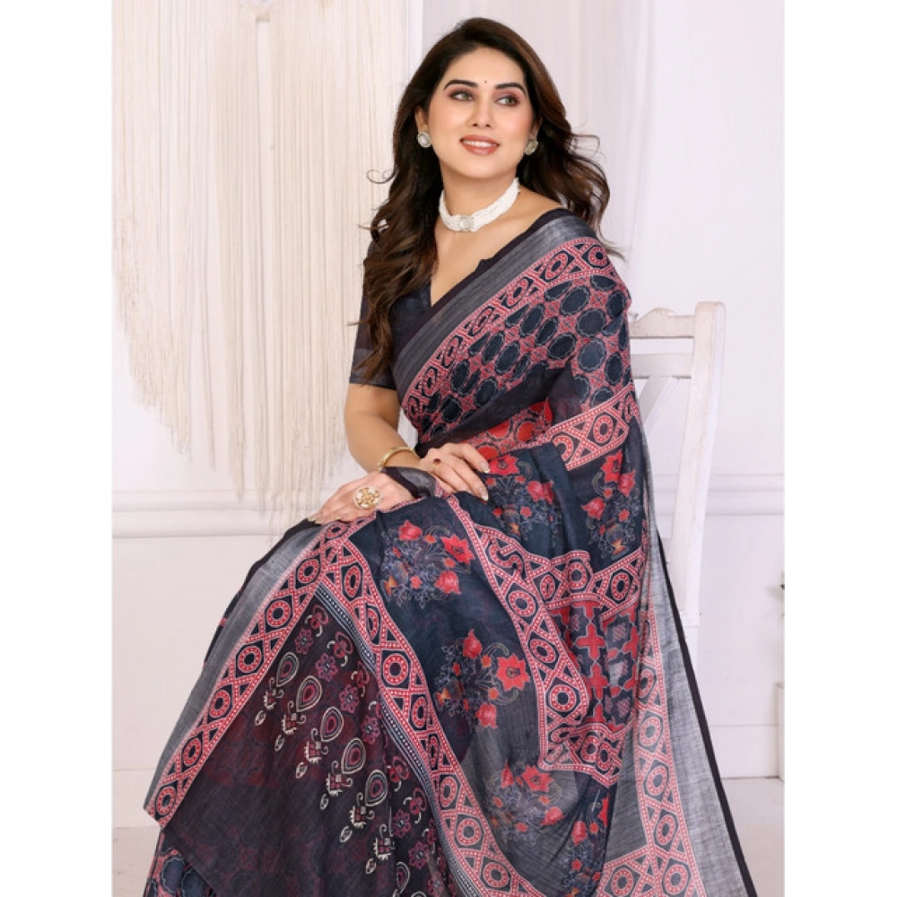 Generic Women's Linen Cotton Printed Saree With Unstitched Blouse 5.5Mtr (Black) - Image 3
