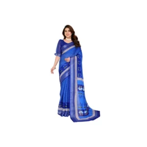 Generic Women's Linen Cotton Printed Saree With Unstitched Blouse 5.5Mtr (Blue)