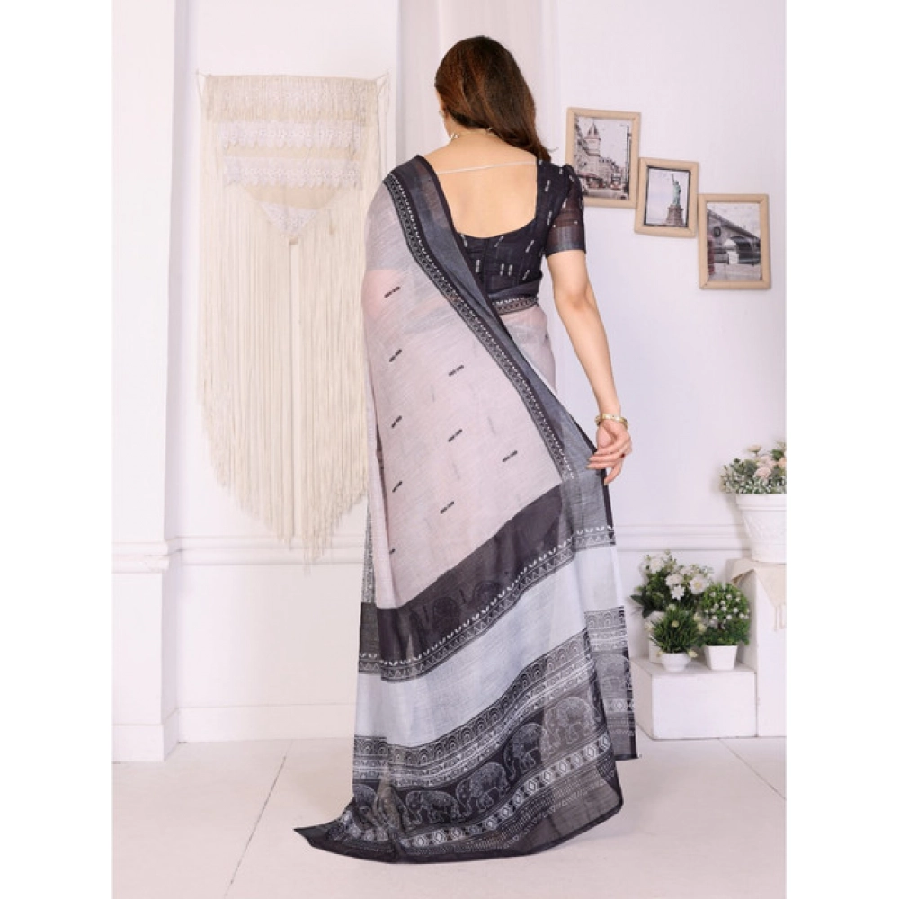 Generic Women's Linen Cotton Printed Saree With Unstitched Blouse 5.5Mtr (White & Black) - Image 3