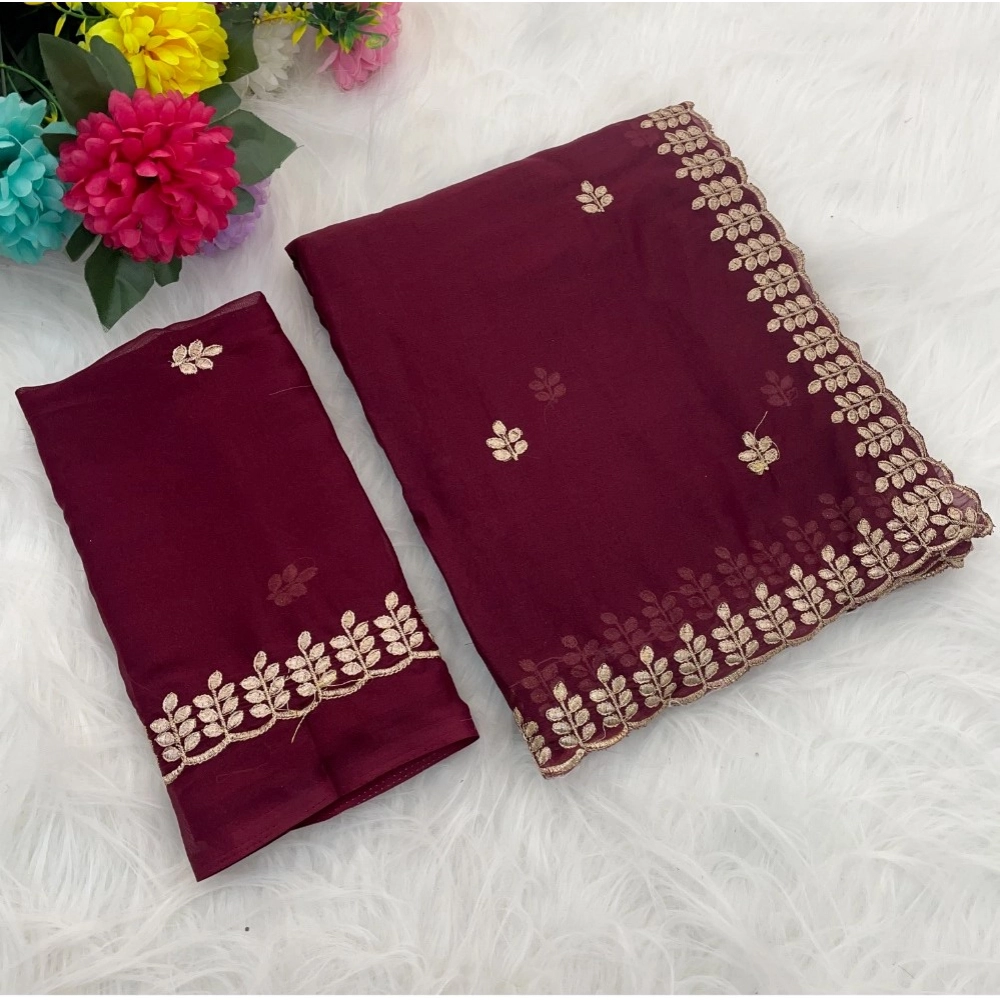 Generic Women's Georgette Embroidered Saree With Unstitched Blouse 5.5Mtr (Red)