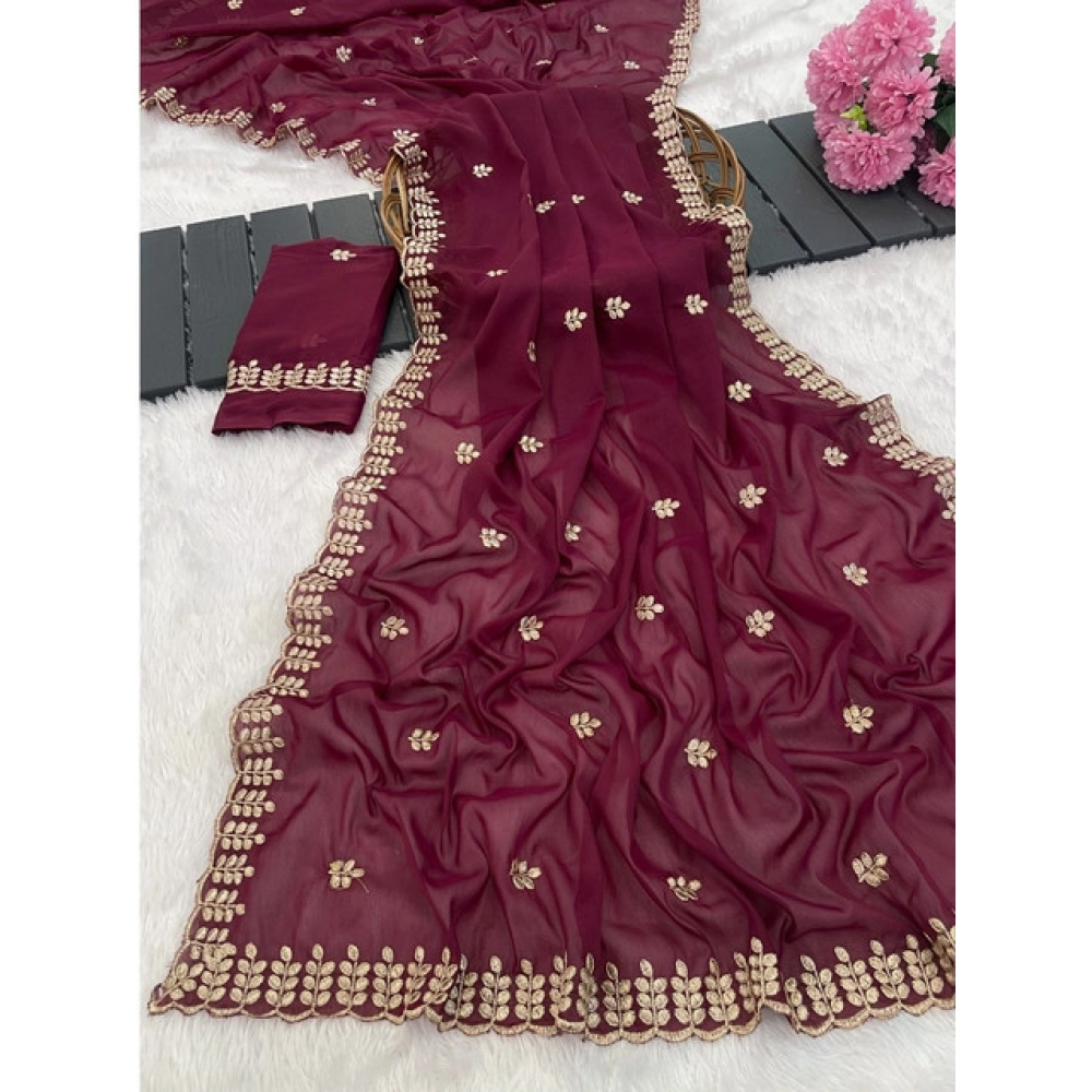 Generic Women's Georgette Embroidered Saree With Unstitched Blouse 5.5Mtr (Red) - Image 2