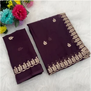 Generic Women's Georgette Embroidered Saree With Unstitched Blouse 5.5Mtr (Wine)