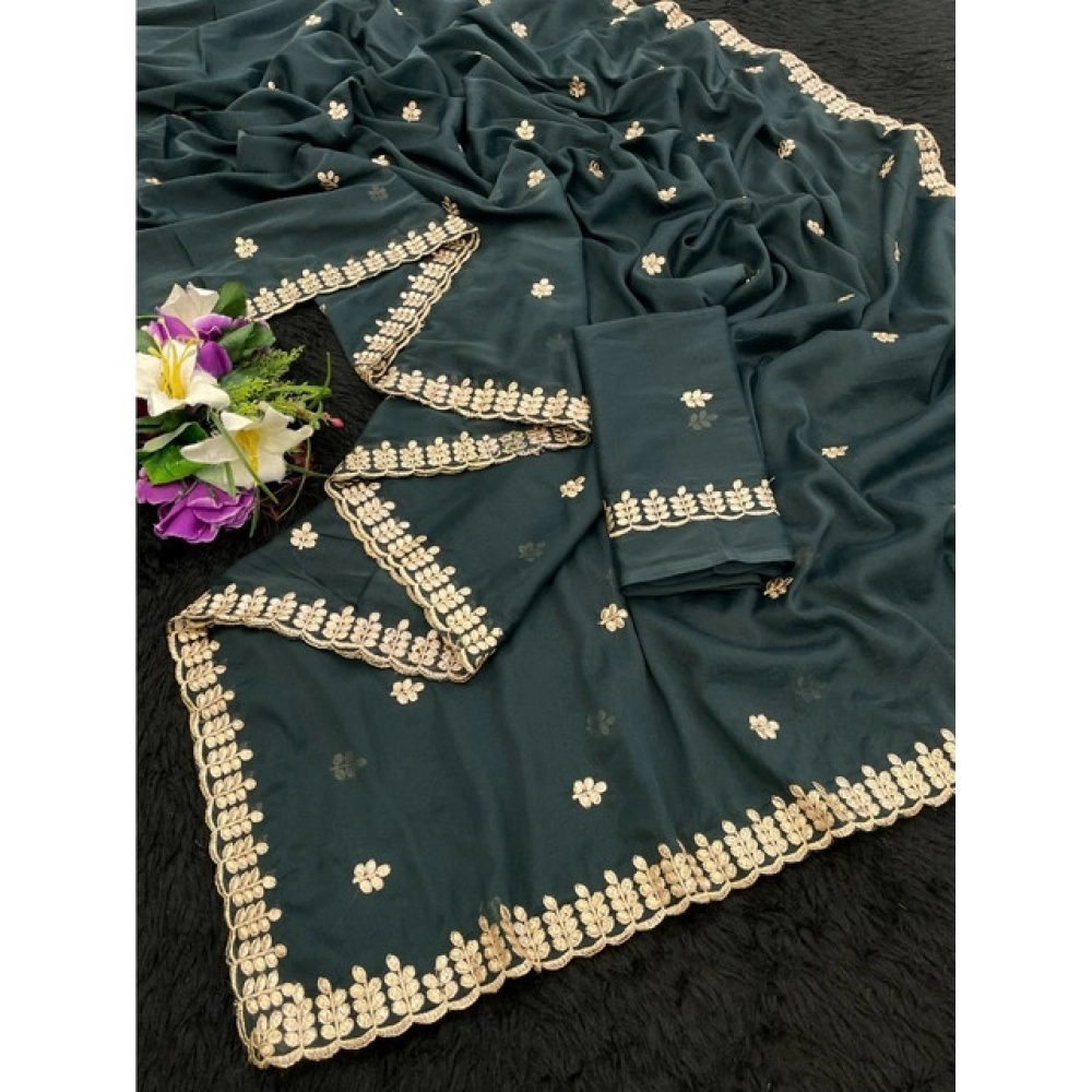 Generic Women's Georgette Embroidered Saree With Unstitched Blouse 5.5Mtr (Teal) - Image 2