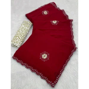 Generic Women's Chiffon Butti Dotted Saree With Unstitched Blouse 5.5Mtr (Red)
