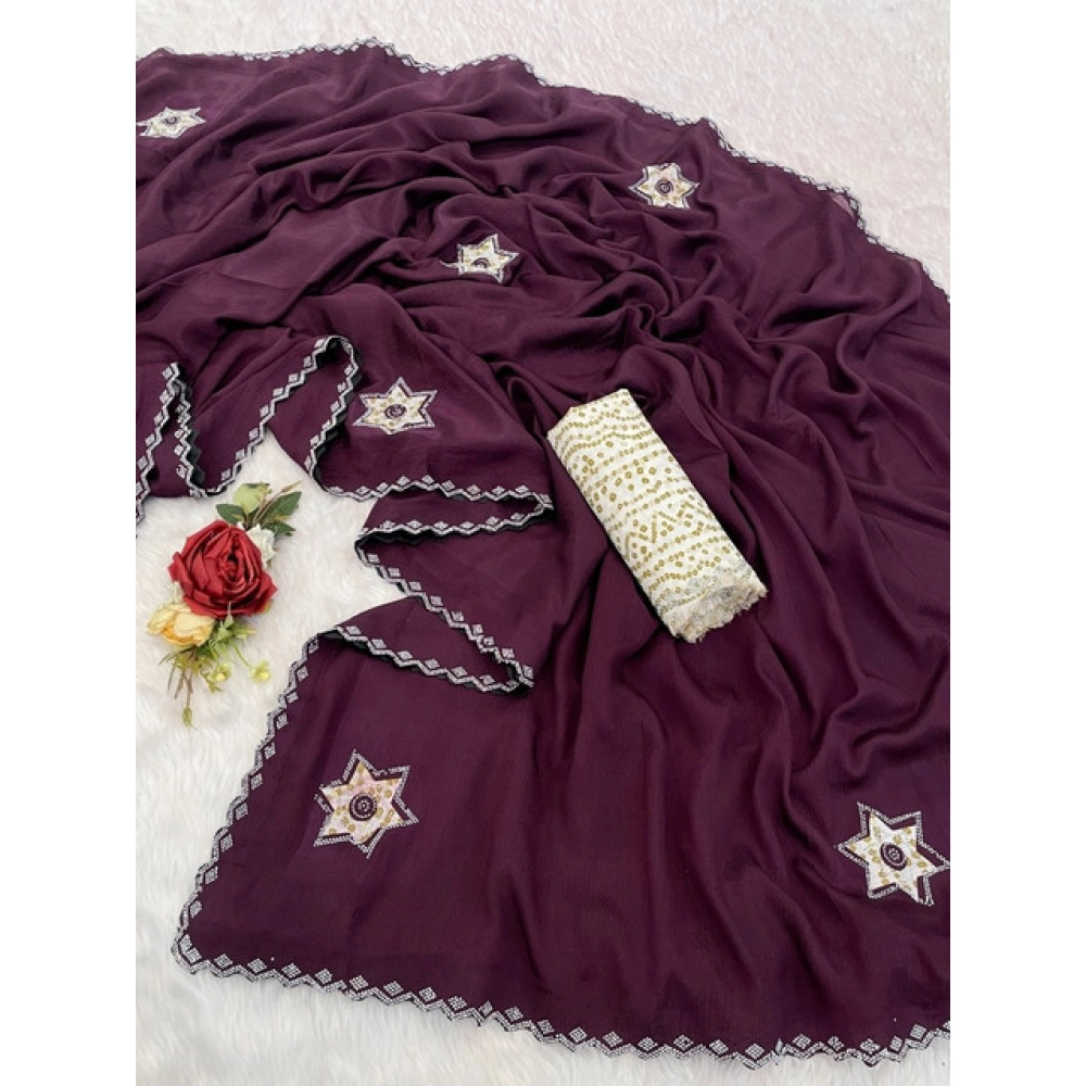Generic Women's Chiffon Butti Dotted Saree With Unstitched Blouse 5.5Mtr (Wine) - Image 2