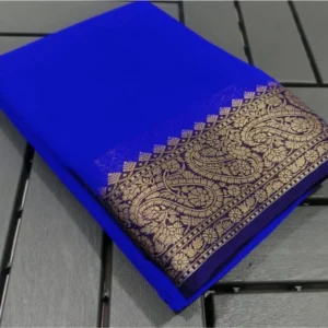 Generic Women's Crepe Chit Pallu Solid Saree With Unstitched Blouse 5.5Mtr (Navy Blue)
