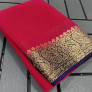 Generic Women's Crepe Chit Pallu Solid Saree With Unstitched Blouse 5.5Mtr (Red)