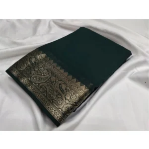 Generic Women's Crepe Chit Pallu Solid Saree With Unstitched Blouse 5.5Mtr (Bottle Green)