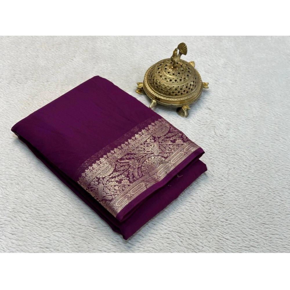 Generic Women's Crepe Chit Pallu Solid Saree With Unstitched Blouse 5.5Mtr (Purple)