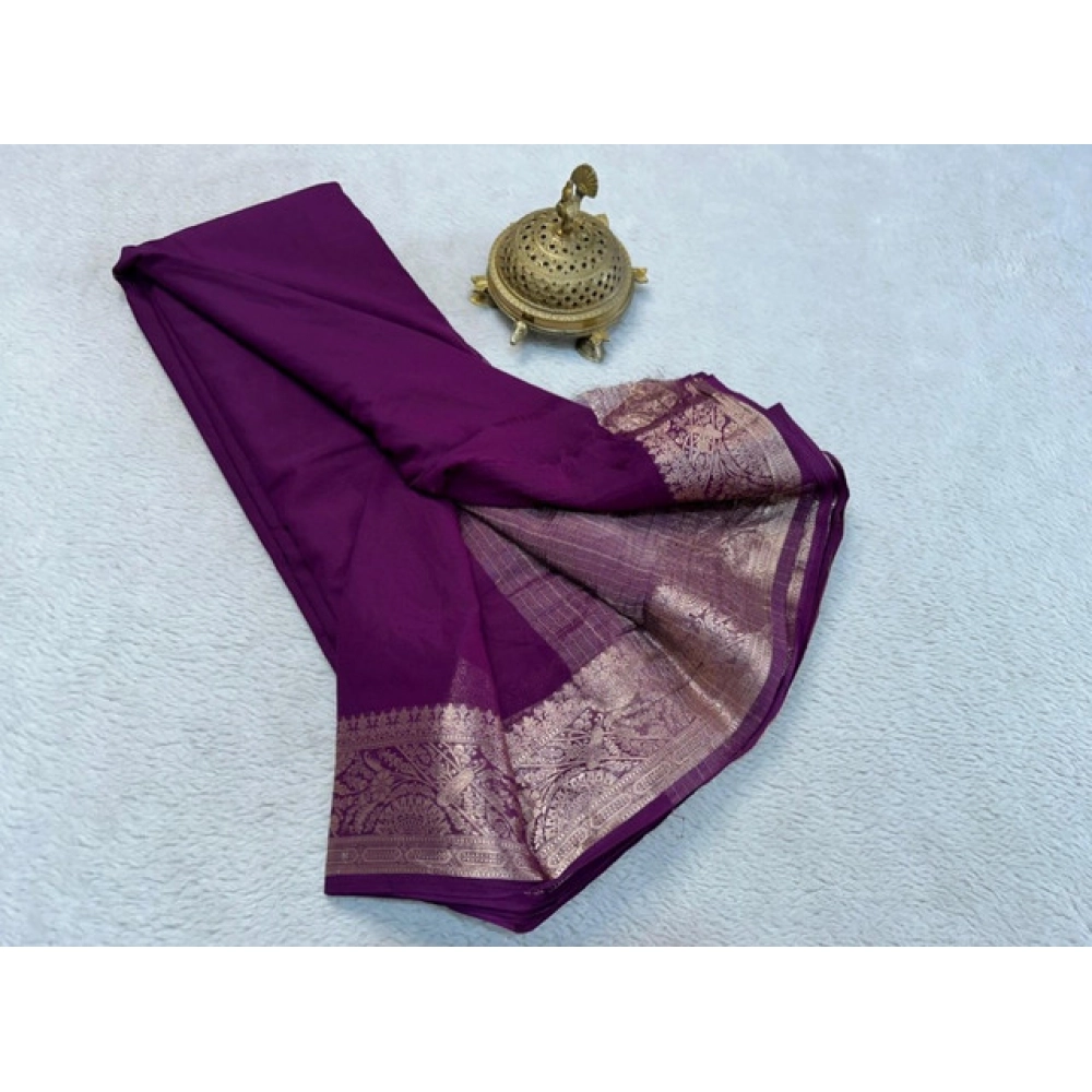 Generic Women's Crepe Chit Pallu Solid Saree With Unstitched Blouse 5.5Mtr (Purple) - Image 2
