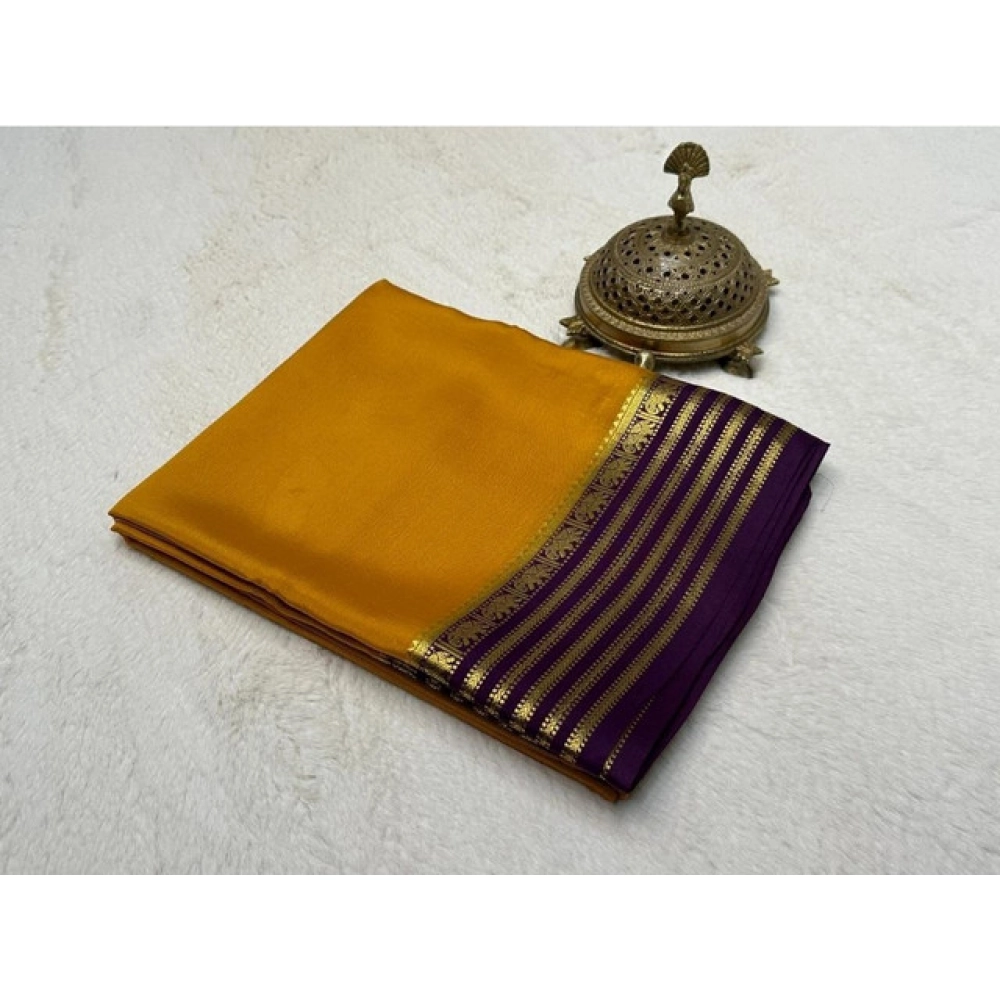 Generic Women's Crepe Chit Pallu Solid Saree With Unstitched Blouse 5.5Mtr (Gold)