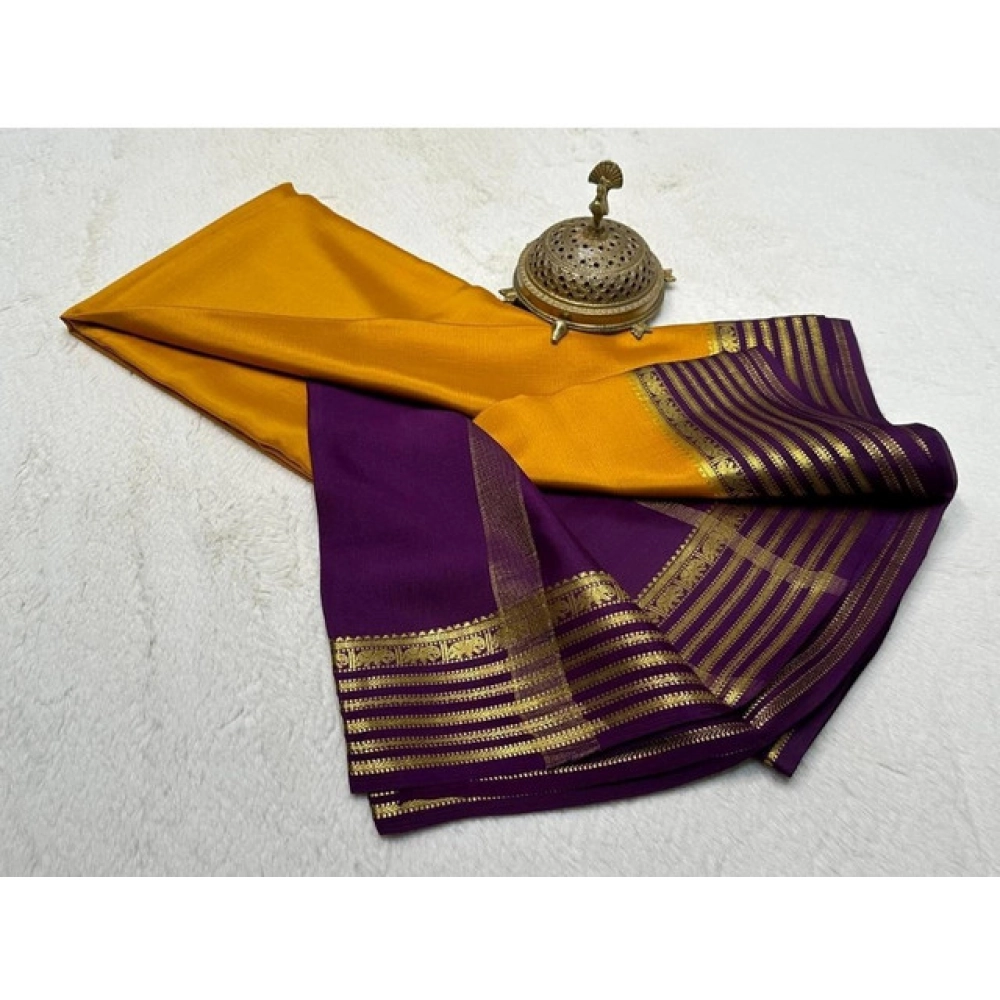 Generic Women's Crepe Chit Pallu Solid Saree With Unstitched Blouse 5.5Mtr (Gold) - Image 2