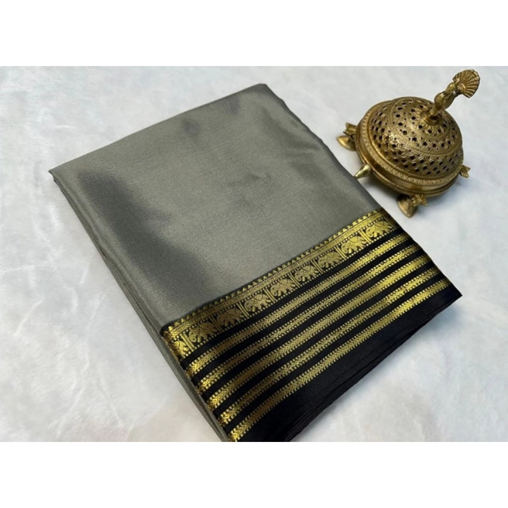 Generic Women's Crepe Chit Pallu Solid Saree With Unstitched Blouse 5.5Mtr (Gray)