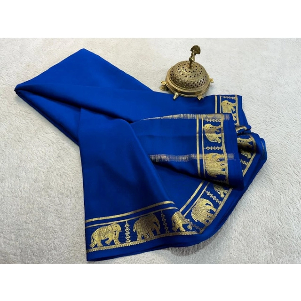 Generic Women's Crepe Chit Pallu Solid Saree With Unstitched Blouse 5.5Mtr (Navy Blue) - Image 2