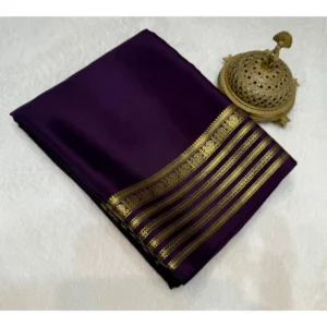 Generic Women's Crepe Chit Pallu Solid Saree With Unstitched Blouse 5.5Mtr (Dark Purple)
