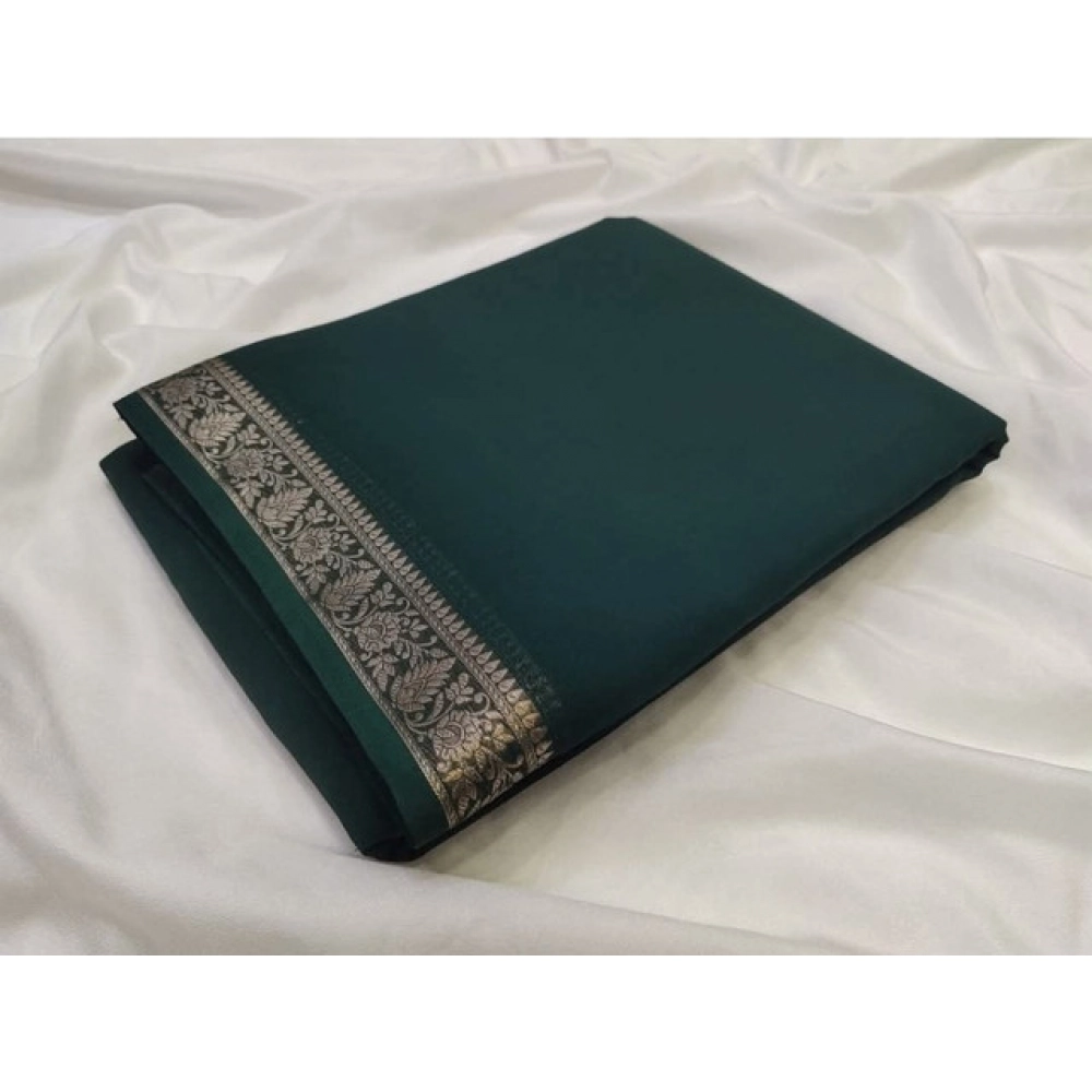 Generic Women's Crepe Chit Pallu Solid Saree With Unstitched Blouse 5.5Mtr (Bottle Green)