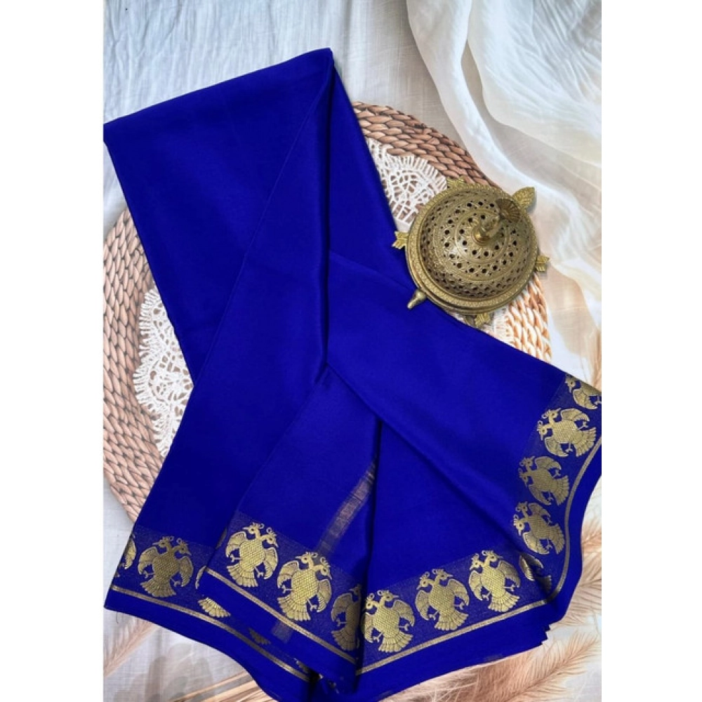 Generic Women's Crepe Chit Pallu Solid Saree With Unstitched Blouse 5.5Mtr (Navy Blue) - Image 2