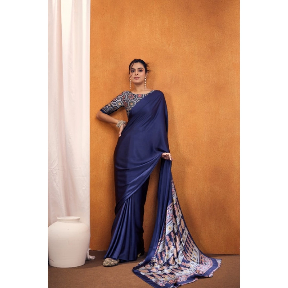 Generic Women's Satin Crepe Printed Saree With Unstitched Blouse 5.5Mtr (Navy Blue) - Image 4
