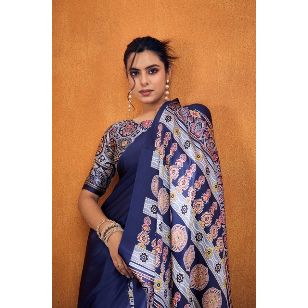 Generic Women's Satin Crepe Printed Saree With Unstitched Blouse 5.5Mtr (Navy Blue) - Image 3