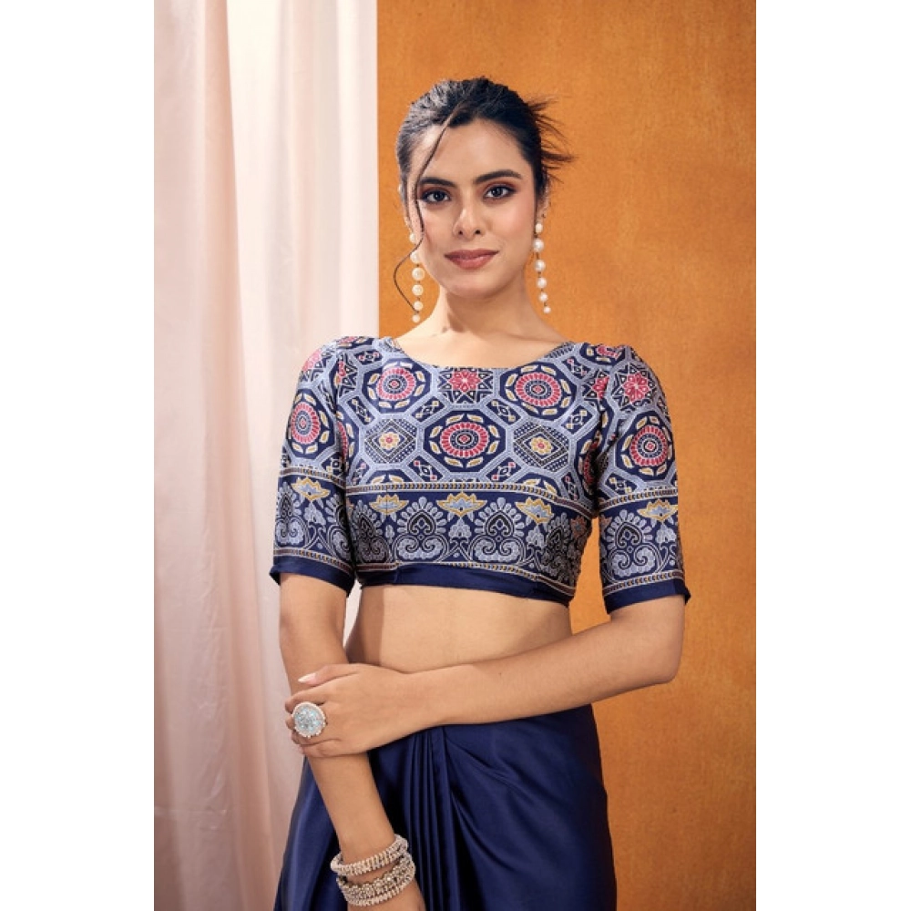 Generic Women's Satin Crepe Printed Saree With Unstitched Blouse 5.5Mtr (Navy Blue) - Image 2