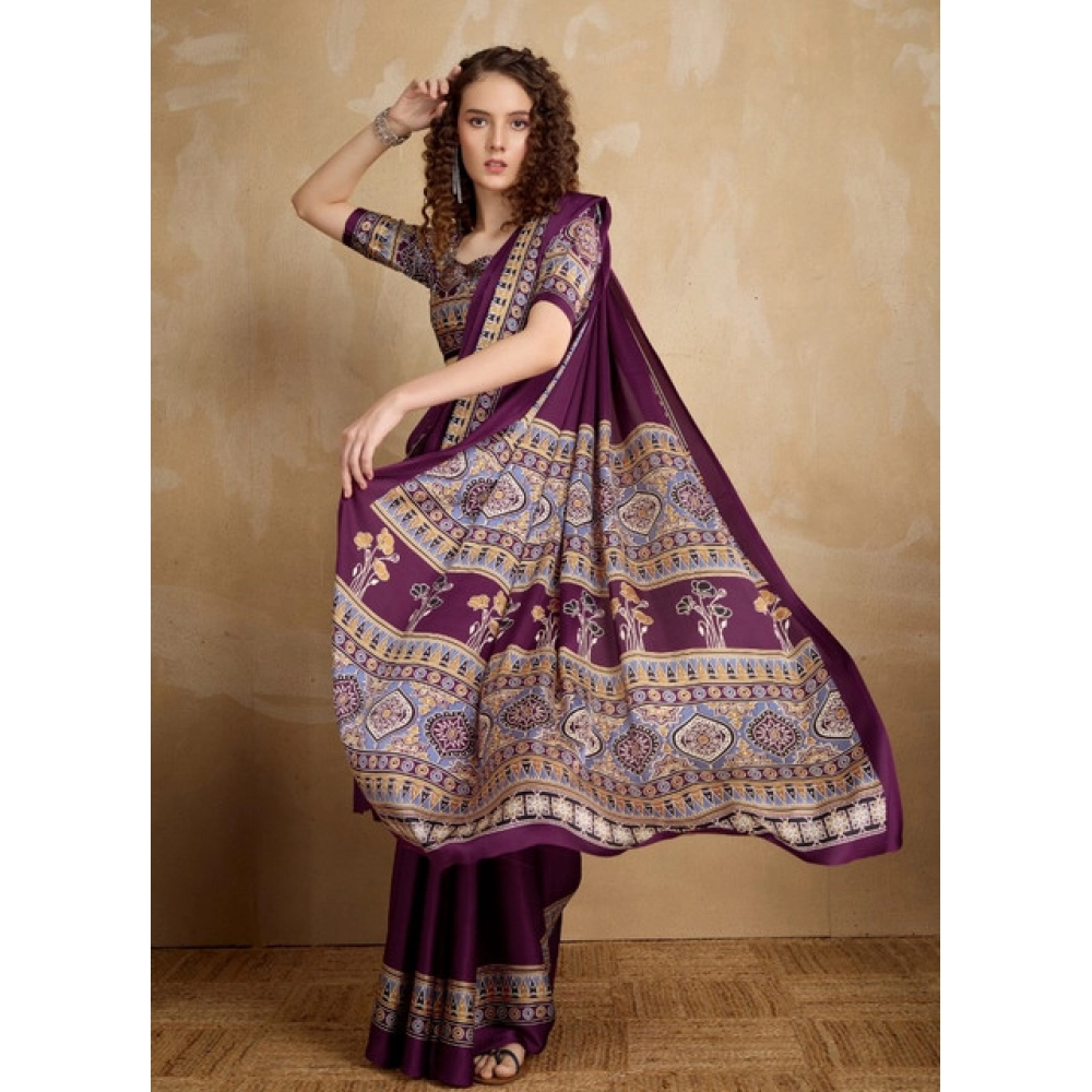 Generic Women's Satin Crepe Printed Saree With Unstitched Blouse 5.5Mtr (Purple) - Image 3