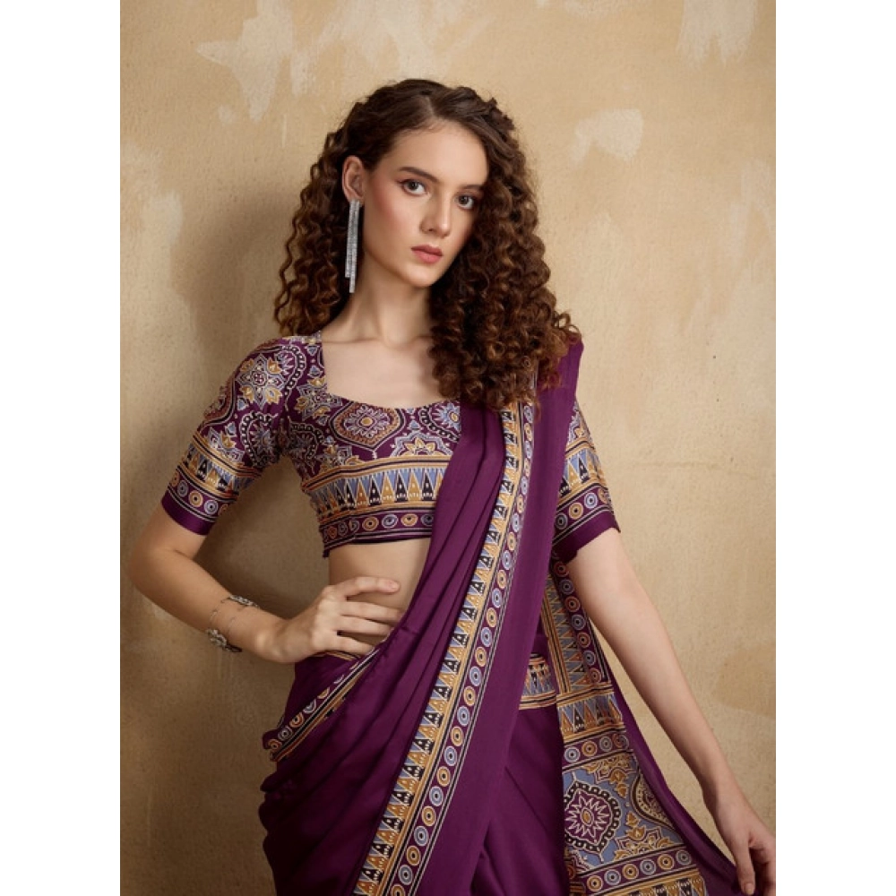 Generic Women's Satin Crepe Printed Saree With Unstitched Blouse 5.5Mtr (Purple) - Image 2