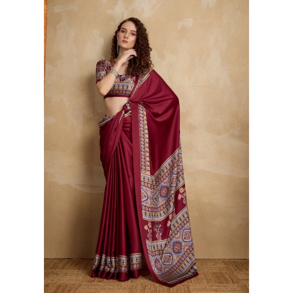 Generic Women's Satin Crepe Printed Saree With Unstitched Blouse 5.5Mtr (Maroon) - Image 3