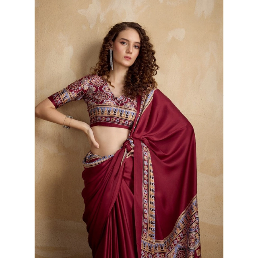 Generic Women's Satin Crepe Printed Saree With Unstitched Blouse 5.5Mtr (Maroon) - Image 2