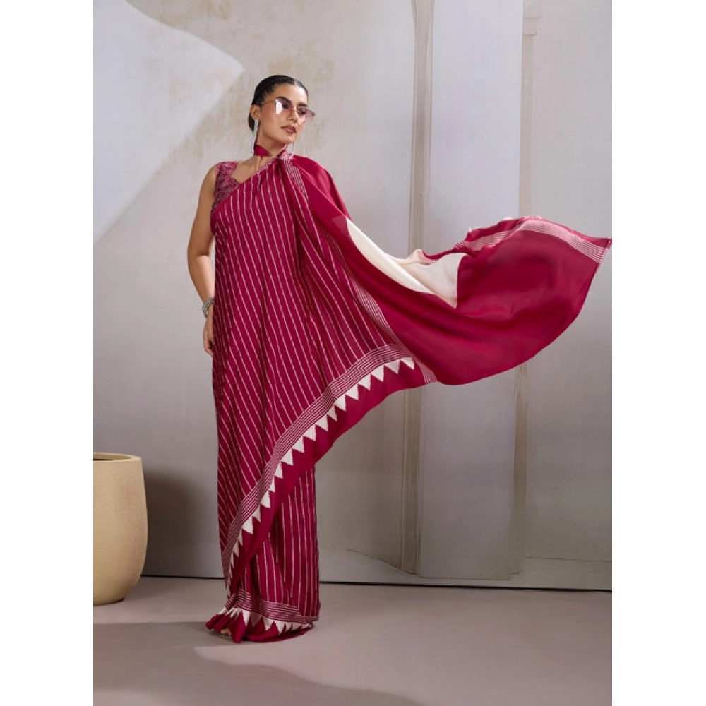 Generic Women's Satin Crepe Printed Saree With Unstitched Blouse 5.5Mtr (Maroon) - Image 4