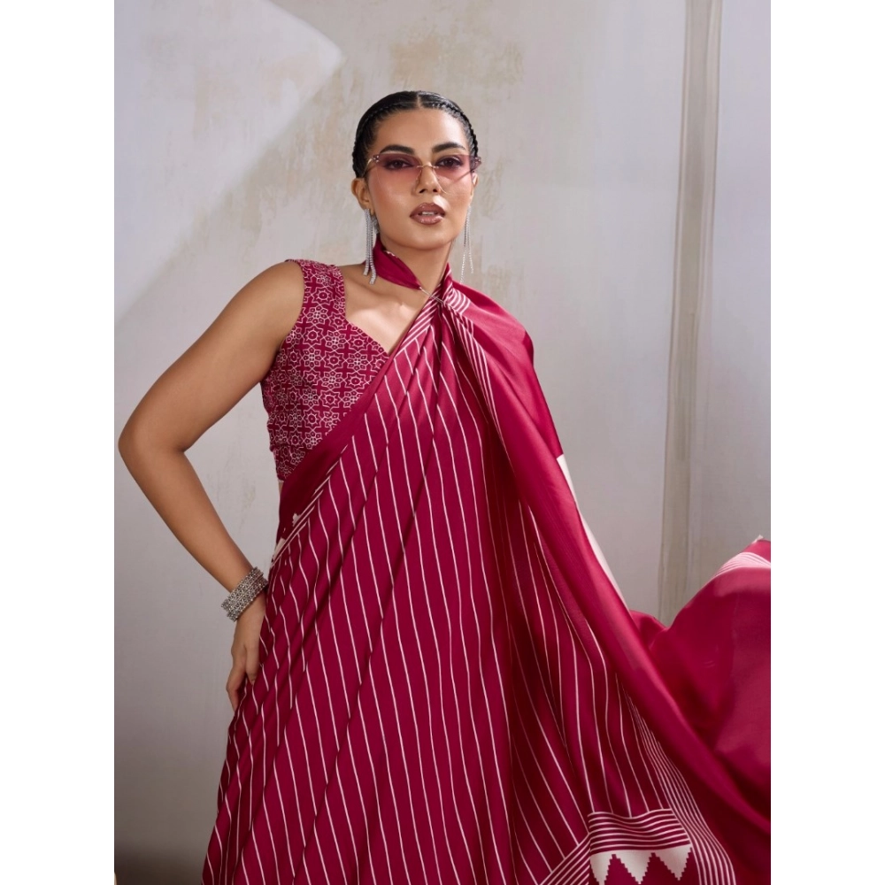 Generic Women's Satin Crepe Printed Saree With Unstitched Blouse 5.5Mtr (Maroon) - Image 3