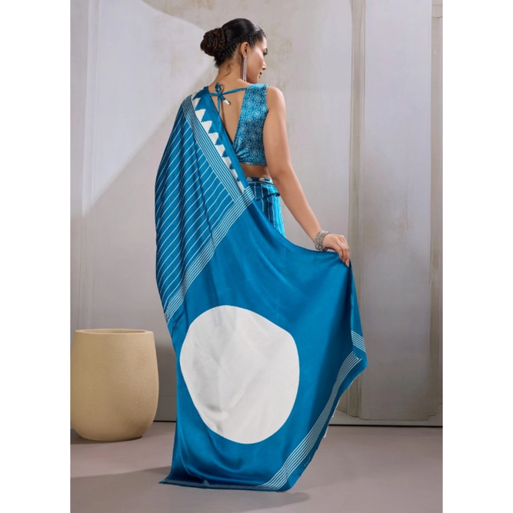 Generic Women's Satin Crepe Printed Saree With Unstitched Blouse 5.5Mtr (Rama Blue) - Image 4