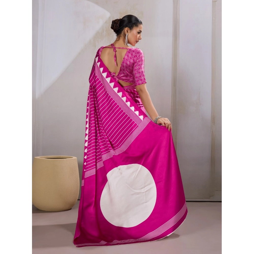 Generic Women's Satin Crepe Printed Saree With Unstitched Blouse 5.5Mtr (Pink) - Image 4