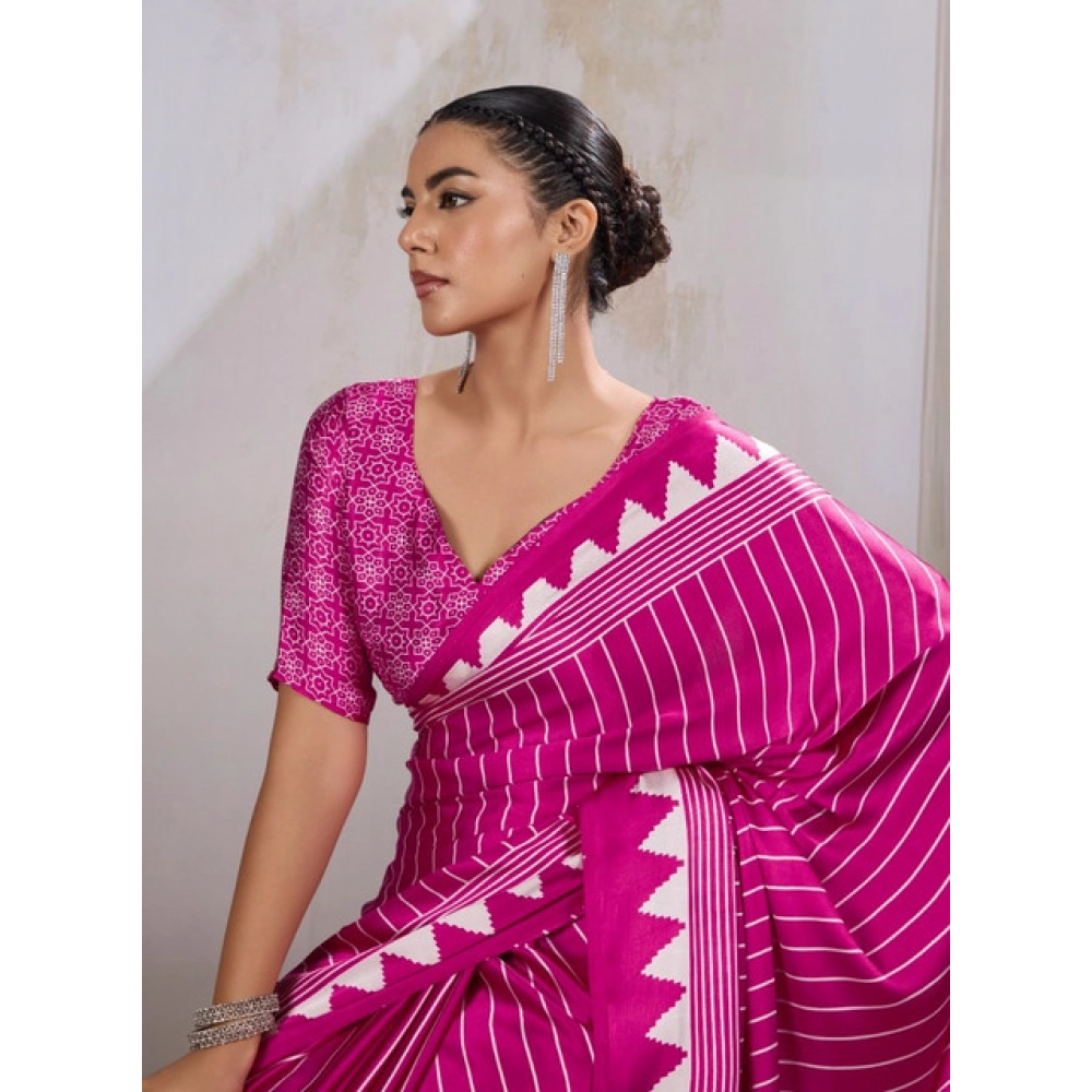 Generic Women's Satin Crepe Printed Saree With Unstitched Blouse 5.5Mtr (Pink) - Image 3