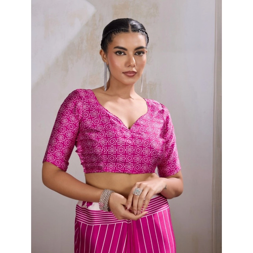 Generic Women's Satin Crepe Printed Saree With Unstitched Blouse 5.5Mtr (Pink) - Image 2