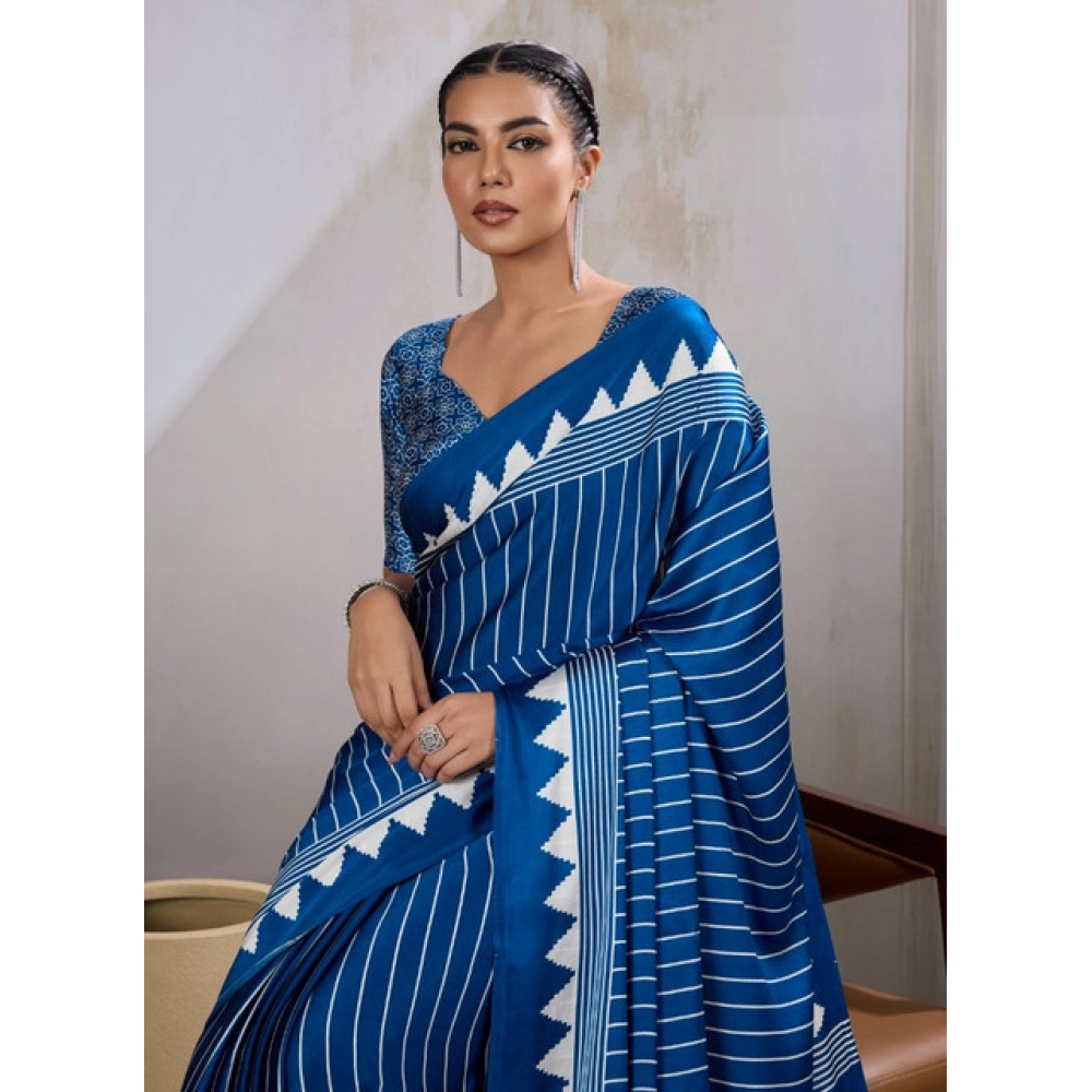 Generic Women's Satin Crepe Printed Saree With Unstitched Blouse 5.5Mtr (Blue) - Image 3