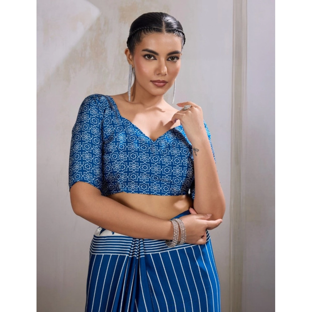 Generic Women's Satin Crepe Printed Saree With Unstitched Blouse 5.5Mtr (Blue) - Image 2
