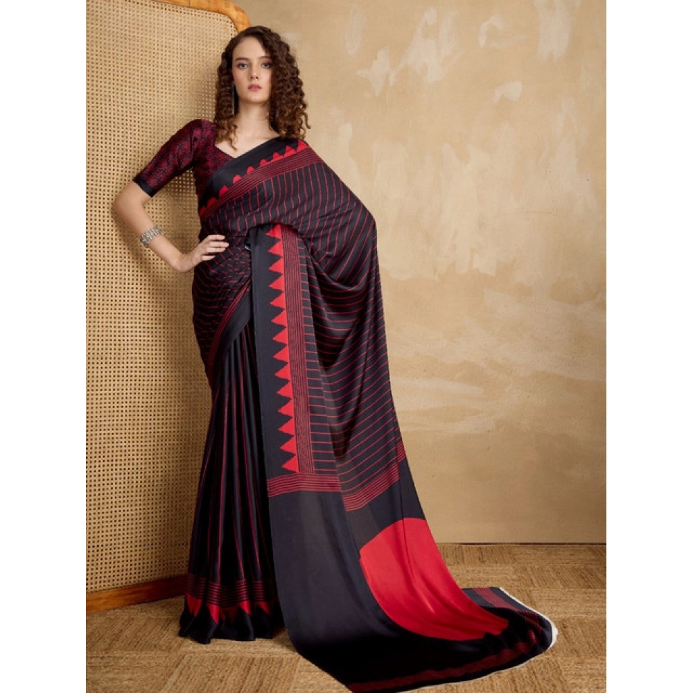 Generic Women's Satin Crepe Printed Saree With Unstitched Blouse 5.5Mtr (Black) - Image 3