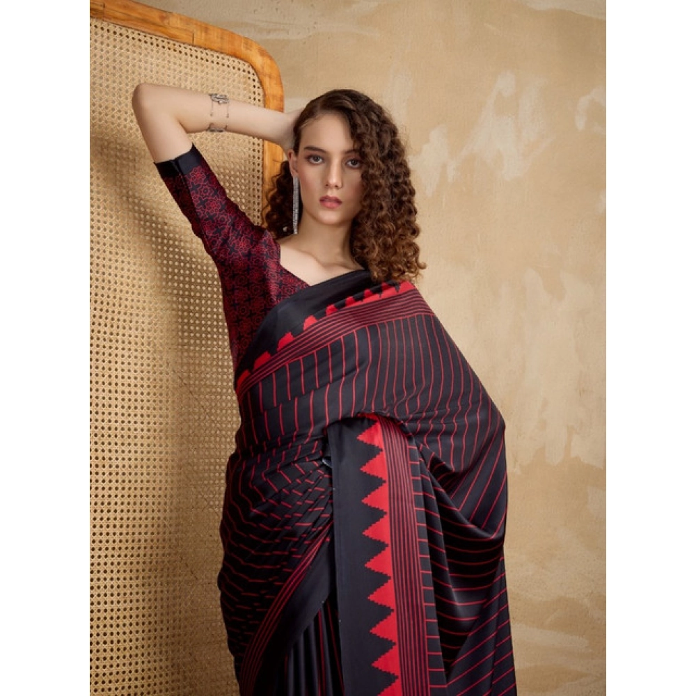 Generic Women's Satin Crepe Printed Saree With Unstitched Blouse 5.5Mtr (Black) - Image 2