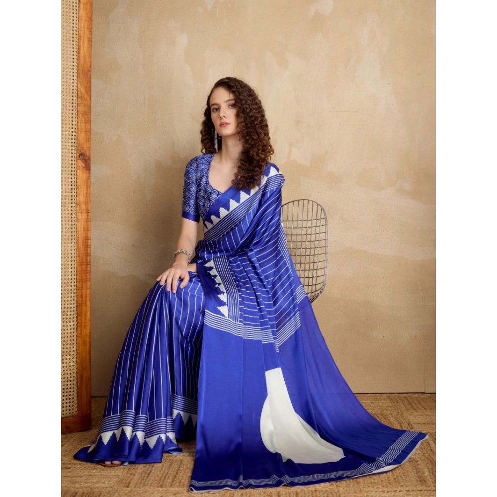 Generic Women's Satin Crepe Printed Saree With Unstitched Blouse 5.5Mtr (Navy Blue) - Image 3