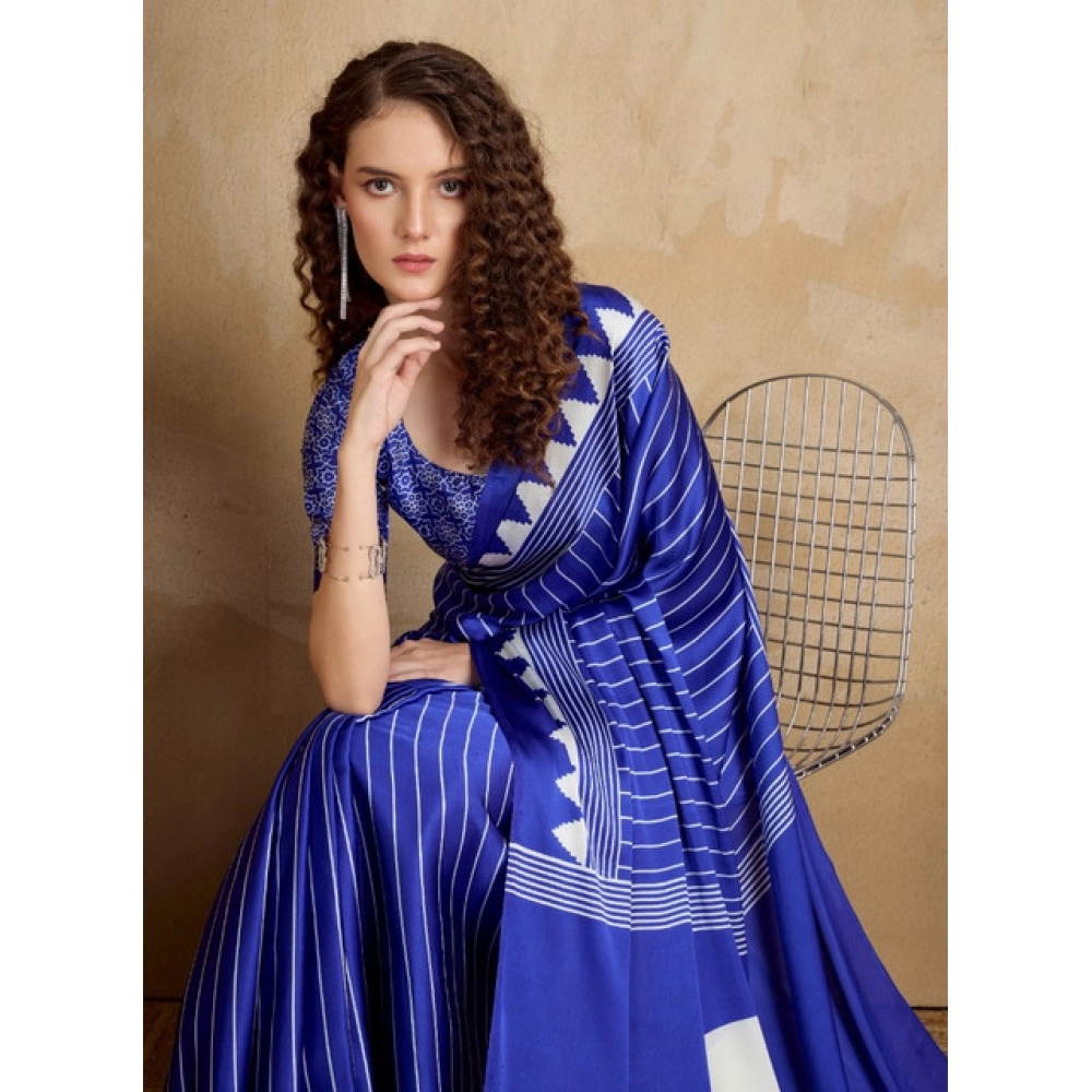 Generic Women's Satin Crepe Printed Saree With Unstitched Blouse 5.5Mtr (Navy Blue) - Image 2