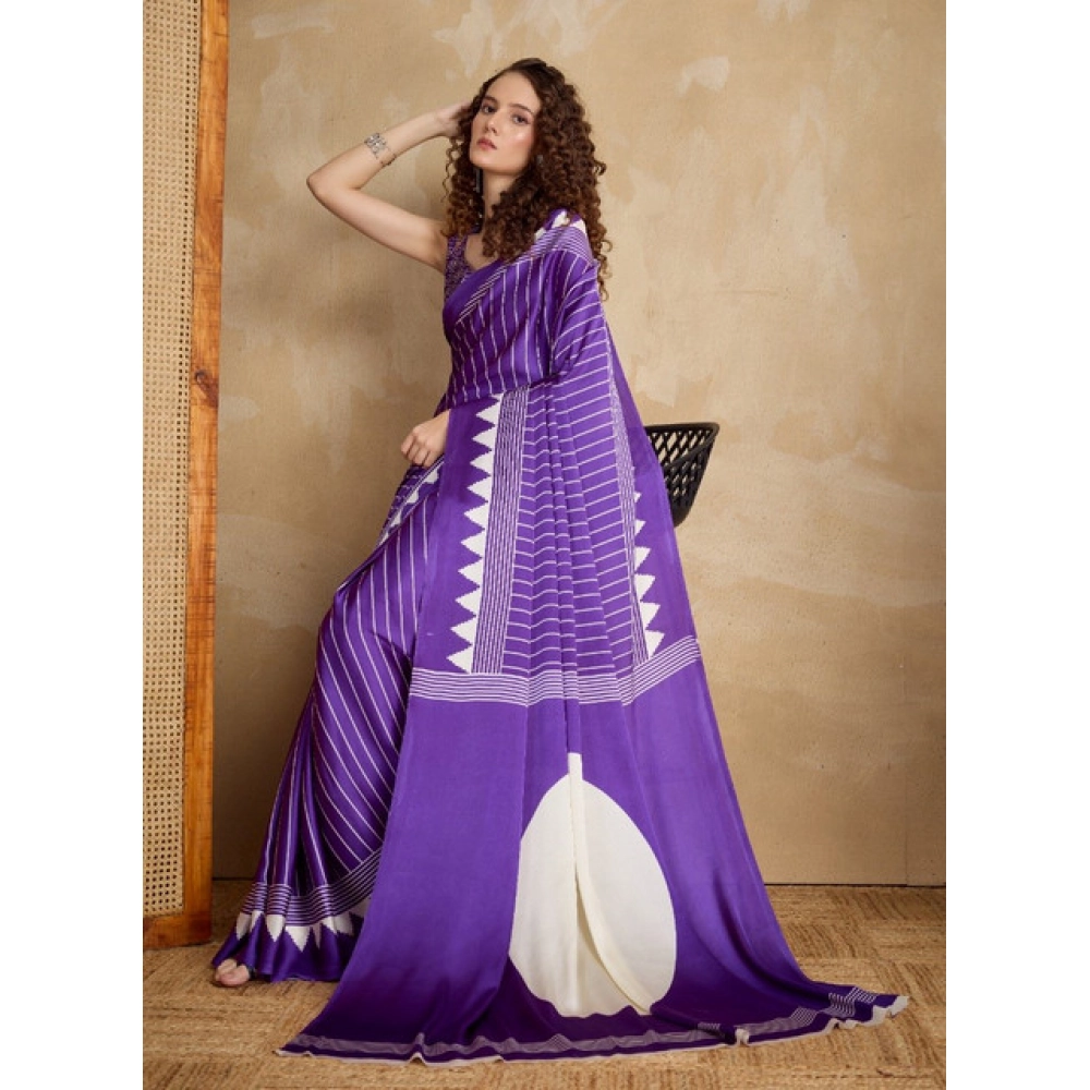 Generic Women's Satin Crepe Printed Saree With Unstitched Blouse 5.5Mtr (Lavender) - Image 3