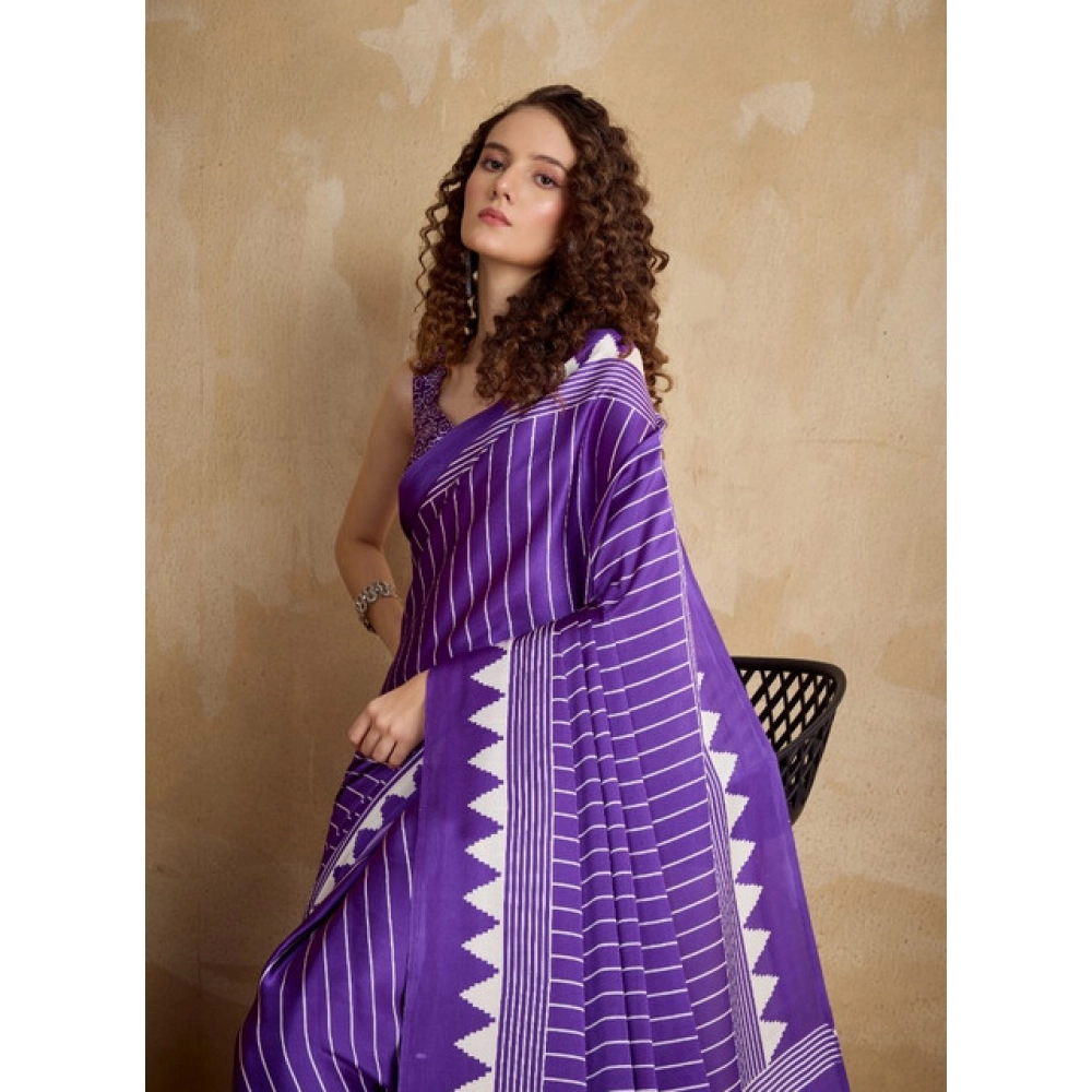 Generic Women's Satin Crepe Printed Saree With Unstitched Blouse 5.5Mtr (Lavender) - Image 2