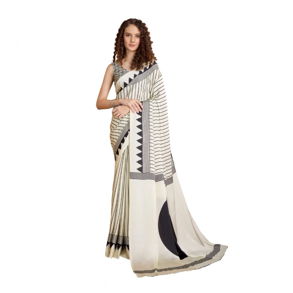 Generic Women's Satin Crepe Printed Saree With Unstitched Blouse 5.5Mtr (White)